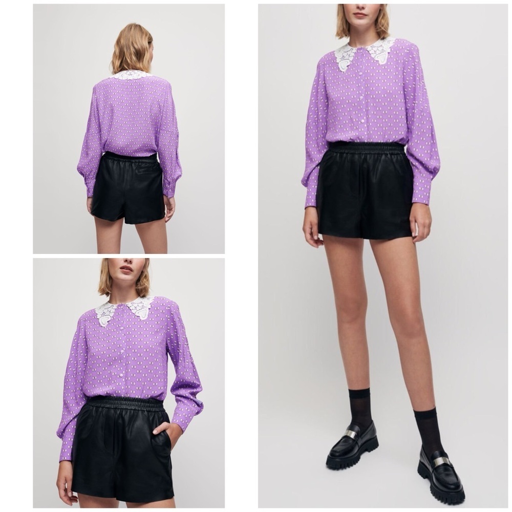Maje Purple Bow Print Lace Guipure Collar Blouse Size 1 US Small
